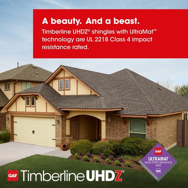 GAF Timberline UHDZ ad with headline A beauty. And a beast. over a brick home with brown shingles and an UltraMat badge
