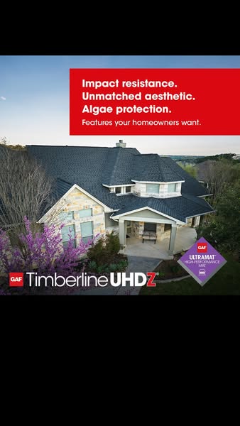 GAF ad listing impact resistance, unmatched aesthetic and algae protection over a stone home with dark shingles