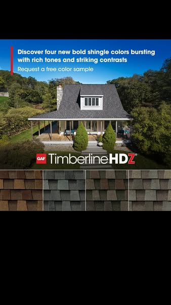 Farmhouse home with a grey shingle roof on a green hillside above four new GAF Timberline HDZ shingle color swatches