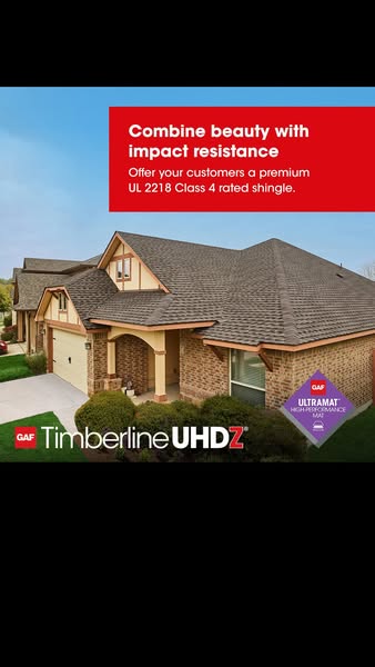 Brick home with brown shingles under a red box reading Combine beauty with impact resistance, Timberline UHDZ logo