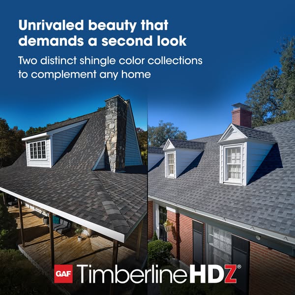 Split-screen of two homes, one with a warm-toned shingle roof and stone chimney, one with grey shingles on red brick