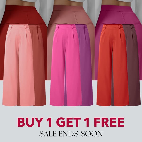 Six pleated wide-leg trousers in pink, rose, magenta, purple, coral and plum above a Buy 1 Get 1 Free banner