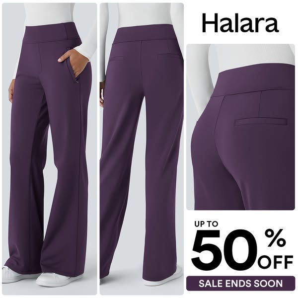 Deep purple high-waisted flare pants shown front, back and close-up, with Halara logo and Up To 50% Off Sale Ends Soon