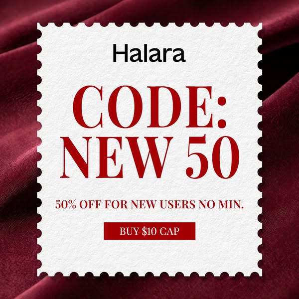 White postage stamp design on burgundy velvet with Halara logo and red text Code: New 50, 50% off for new users