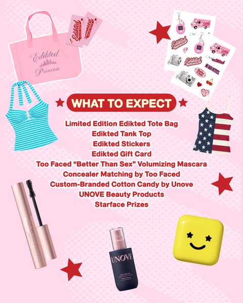 Pink Edikted ad listing tour freebies with a tote bag, tank tops, stickers, mascara, serum and a Starface case