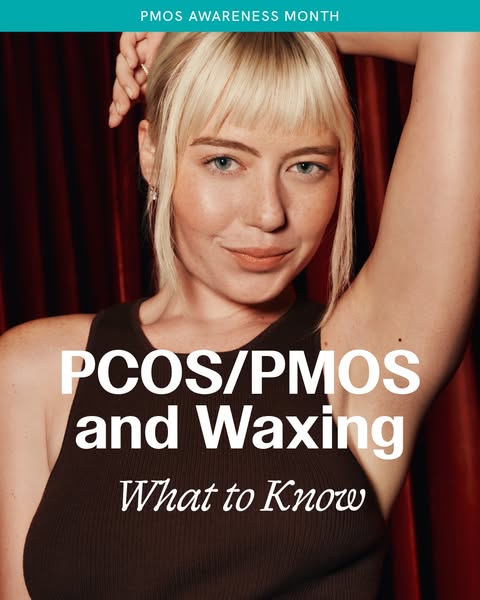 Blonde woman with arm raised over a red curtain, headline PCOS/PMOS and Waxing What to Know, awareness month banner