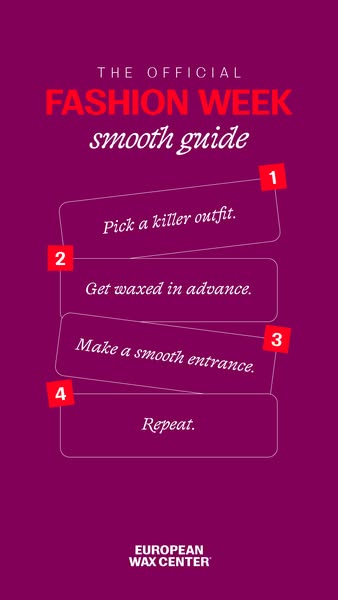 Plum story graphic titled The Official Fashion Week Smooth Guide with four tilted numbered cards and European Wax Center logo
