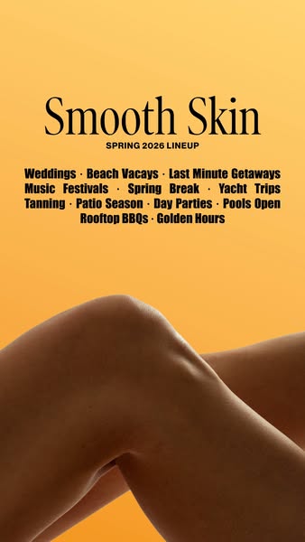 Smooth bare legs on warm orange background under festival-style text Smooth Skin Spring 2026 Lineup listing spring events