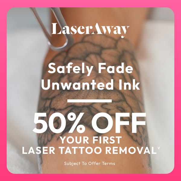 Laser handpiece over a floral forearm tattoo with LaserAway text Safely Fade Unwanted Ink and 50% off first removal
