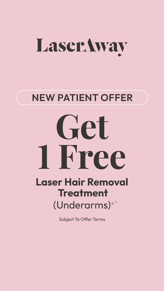 Pink LaserAway story ad with text New Patient Offer Get 1 Free Laser Hair Removal Treatment Underarms