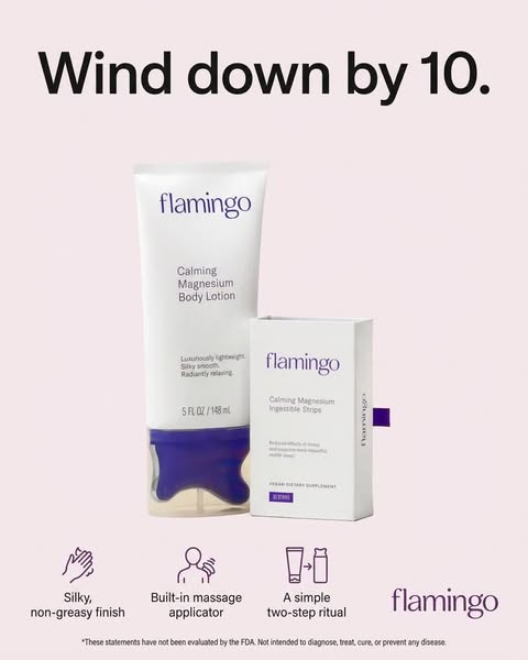 Flamingo magnesium body lotion tube and ingestible strips box on pink, headline Wind down by 10 and three benefit icons