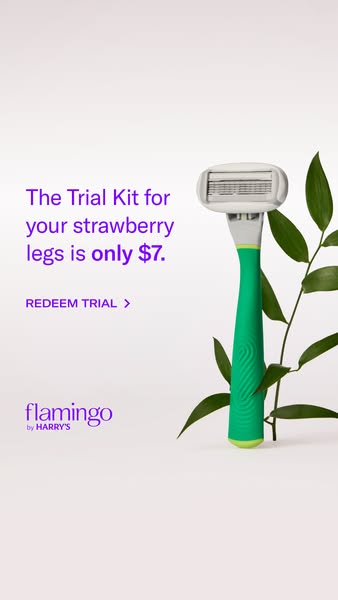 Green Flamingo razor standing upright beside a leafy green stem, text offering the strawberry legs Trial Kit for $7