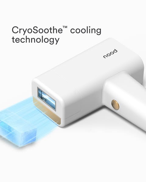 White Nood IPL device projecting a blue light beam onto an ice cube, with the text CryoSoothe cooling technology
