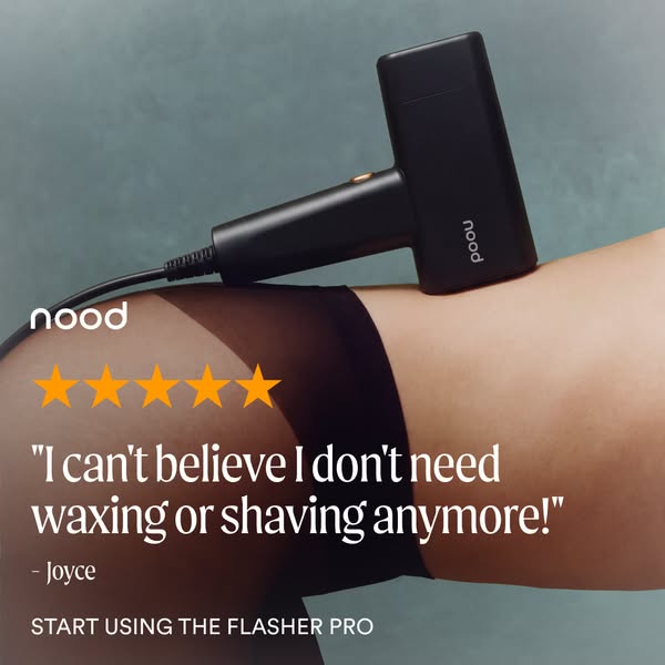 Black Nood IPL device resting on a leg in sheer black tights with five gold stars and a customer quote from Joyce