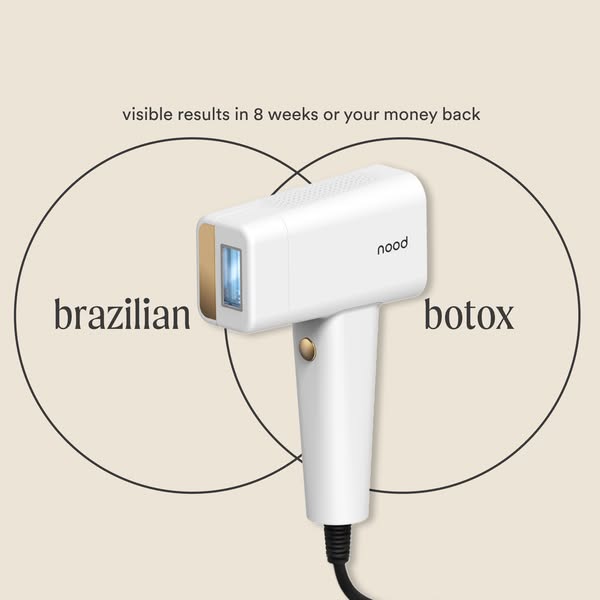 White Nood IPL device placed in the overlap of a Venn diagram with circles labelled brazilian and botox on a cream background