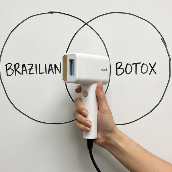 Hand holding a white Nood IPL device in the overlap of a marker Venn diagram labelled BRAZILIAN and BOTOX
