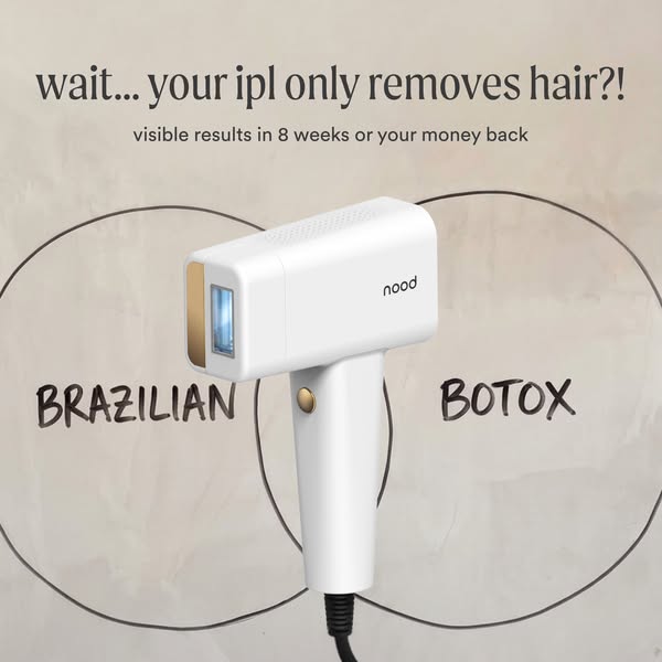 White Nood IPL device in a hand-drawn BRAZILIAN and BOTOX Venn diagram on a beige wall, with headline