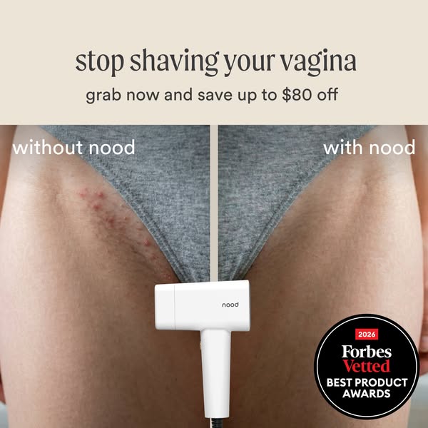 Bikini line before and after in grey underwear with a white Nood IPL device, Forbes Vetted badge and $80 off text
