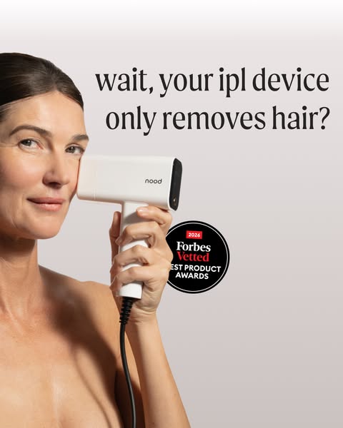 Mature woman holding a white Nood IPL device to her cheek beside the headline wait, your ipl device only removes hair