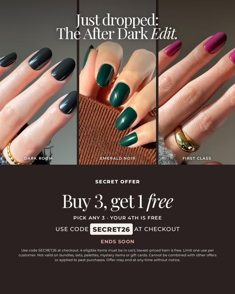 Three panels of hands wearing black, dark green and berry press-on nails above a Buy 3 Get 1 Free offer with code SECRET26