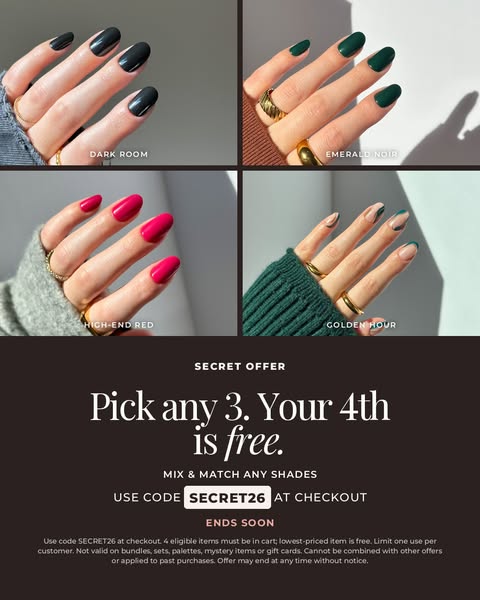 Grid of four hands wearing black, dark green, hot pink and nude-with-green-tip press-on nails above a free 4th set offer