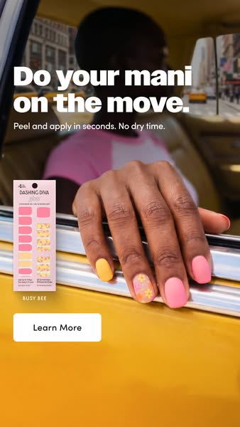 Dashing Diva Gloss ad showing a hand with yellow, pink and floral Busy Bee nails resting on the open window of a yellow...