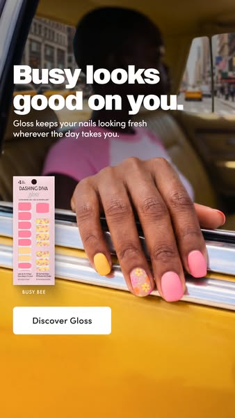 Dashing Diva Gloss ad showing the same yellow-taxi scene: a hand with Busy Bee nails on the cab window, product pack...