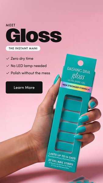 Dashing Diva Gloss ad showing a hand with glossy teal nails holding the teal Gloss pack against a pink backdrop...