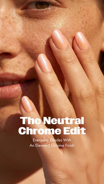 Dashing Diva Glaze ad showing a sun-lit close-up of a freckled face with a hand touching the cheek, showing short almond...