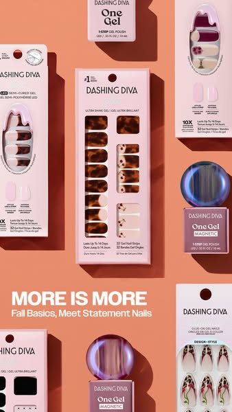 Dashing Diva Bundles ad showing a top-down flat lay of Dashing Diva Glaze, Gloss, One Gel and press-on packs scattered on...