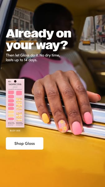 Dashing Diva Gloss ad showing the yellow-taxi scene with a hand showing Busy Bee nails on the window ledge, product pack...