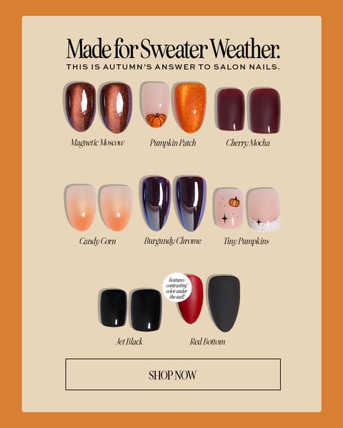 Glamnetic ad with eight pairs of autumn press-on nails in a grid on beige, orange frame, Shop Now button