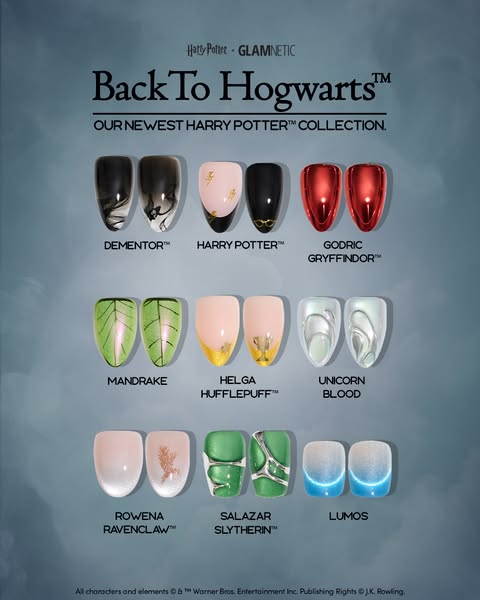 Glamnetic Harry Potter ad with nine press-on nail designs named after Hogwarts houses on misty grey background