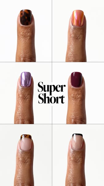 Six fingers wearing short press-on nails in tortoiseshell, chrome, lilac, burgundy and French tips with Super Short text