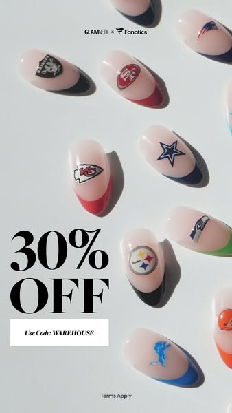 French-tip press-on nails with NFL team logos scattered on white, large 30% OFF text and code WAREHOUSE