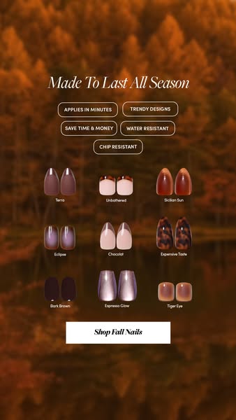 Autumn forest background with five benefit pills and nine fall press-on nail shades, Shop Fall Nails button