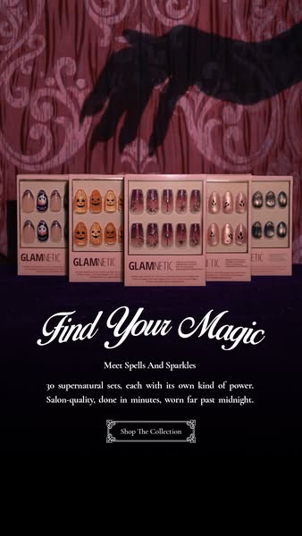 Five Glamnetic Halloween press-on nail boxes under a witch hand shadow on red damask wall, Find Your Magic text