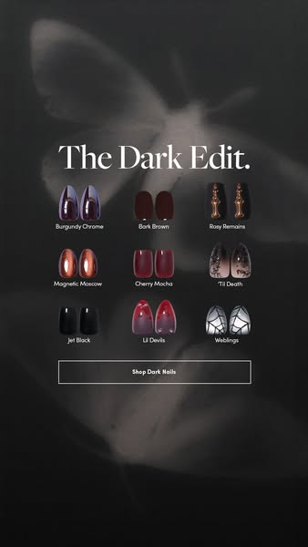 Nine dark press-on nail designs in chrome, burgundy, black and spooky art over a faded moth, The Dark Edit text