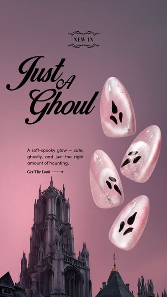 Four pink press-on nails with black ghost faces floating beside gothic cathedral on purple-pink gradient, Just A Ghoul