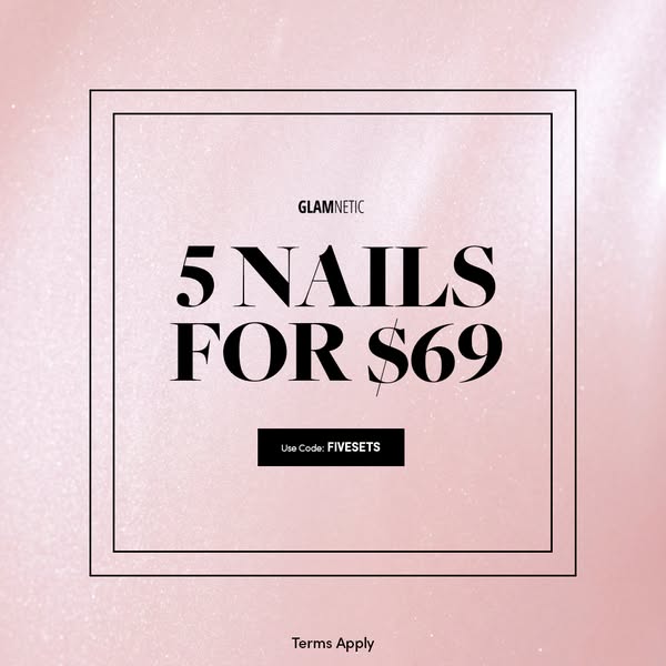 Pink shimmer background with double black frame, bold 5 NAILS FOR $69 text and black code FIVESETS box