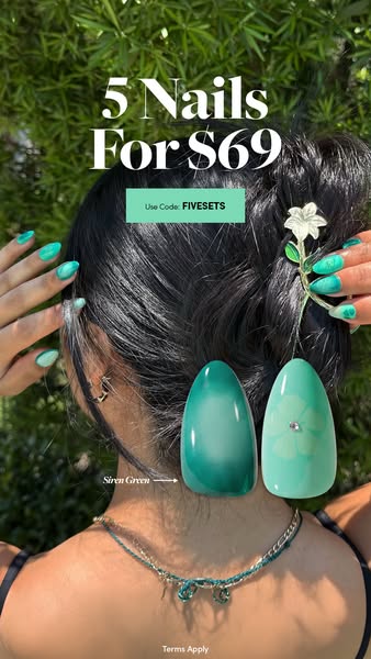 Woman from behind with teal Siren Green press-on nails, lily hair clip and greenery, 5 Nails For $69 code FIVESETS