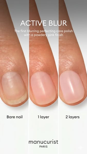 Three fingernails side by side showing a bare nail, one layer and two layers of Manucurist Active Blur pink care polish