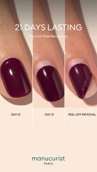 Burgundy polished fingernail shown on day 1, on day 21 with regrowth, and peeling off in one piece