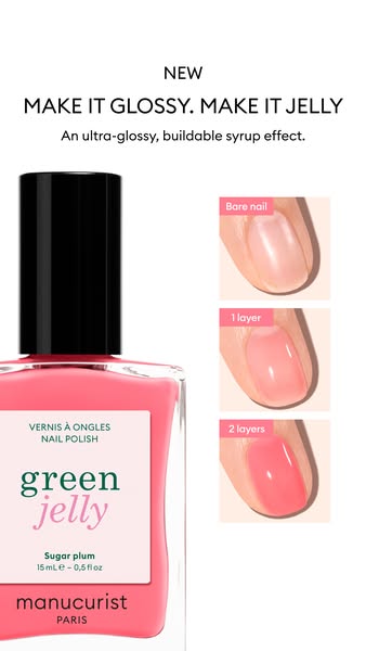 Large cropped bottle of Manucurist Green Jelly Sugar Plum polish next to bare nail, one layer and two layer swatches