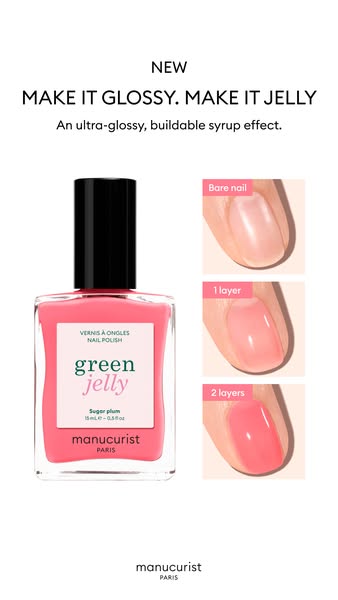 Manucurist Green Jelly Sugar Plum bottle beside three nail swatches: bare nail, one layer and two layers