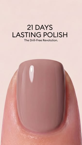 Extreme close-up of a fingertip with a glossy mauve-pink long-lasting nail polish on a pale pink background