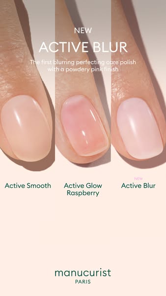 Three nails side by side showing Manucurist Active Smooth, Active Glow Raspberry and new Active Blur care polish finishes