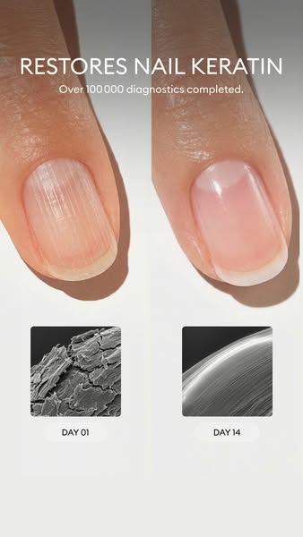 Ridged nail on day 1 and smooth nail on day 14, each with a microscope image of the keratin surface underneath