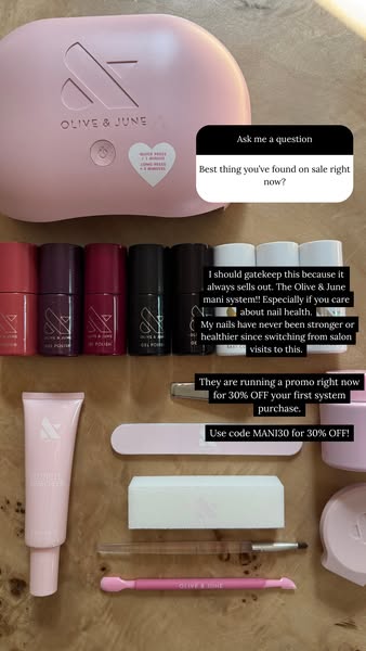 Olive & June gel mani kit flat lay with UV lamp, gel polishes and tools, overlaid with Instagram Q&A sticker and 30% off text