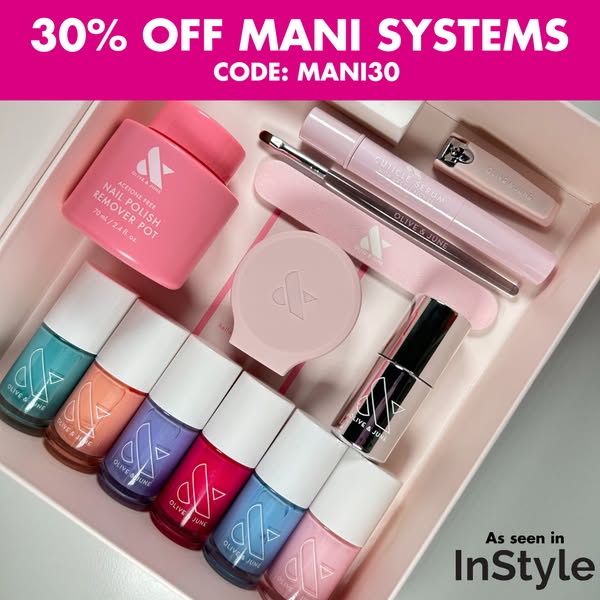 Olive & June mani system box with six colourful nail polishes, remover pot and tools under a magenta 30% off banner